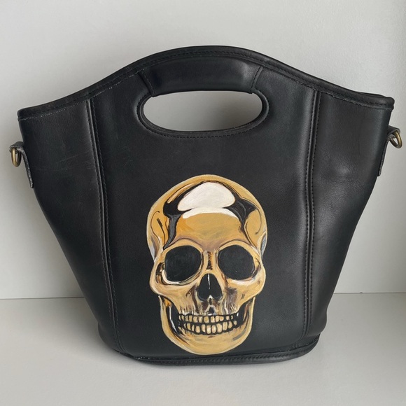 Coach Black Leather Gold Skull Skeleton Shopper Tote 9993 Bag Crossbody handbag - Picture 4 of 16